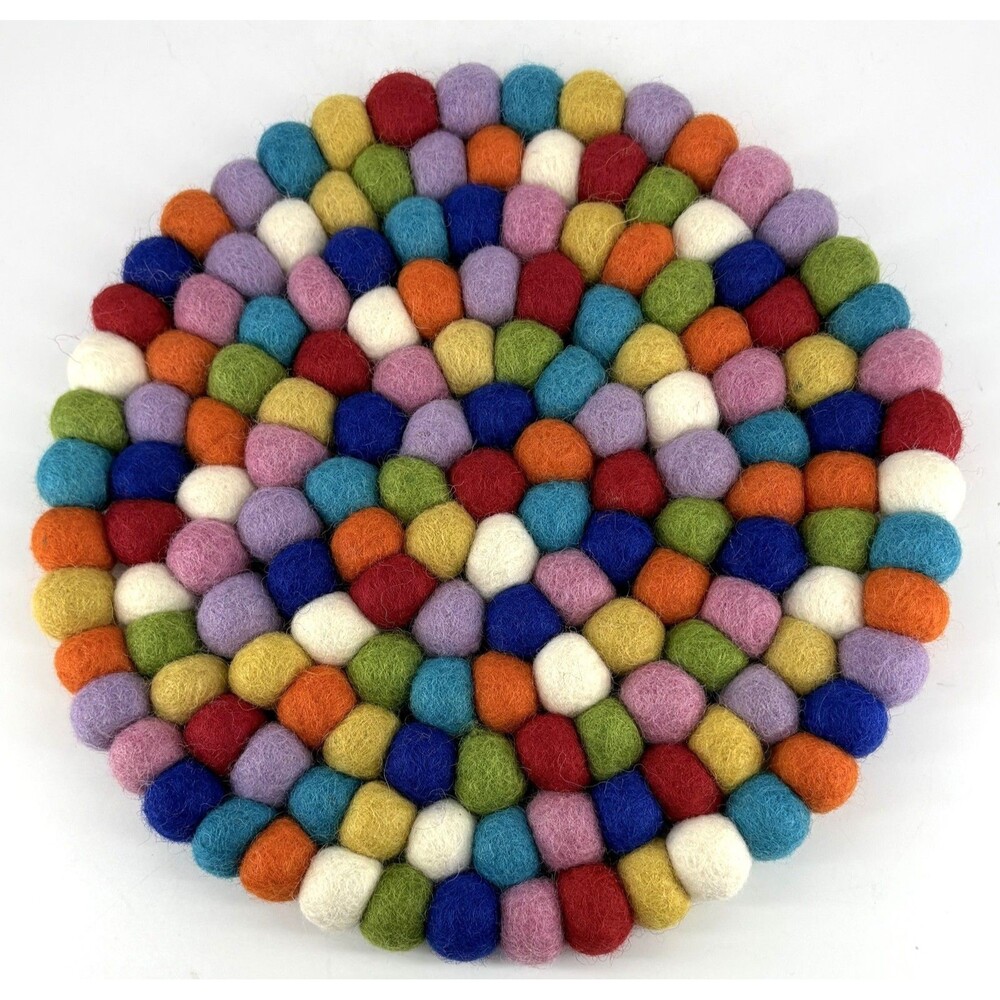 Handmade wool Felt Ball bright multicolor, round mat, coaster, hot pad - 9"